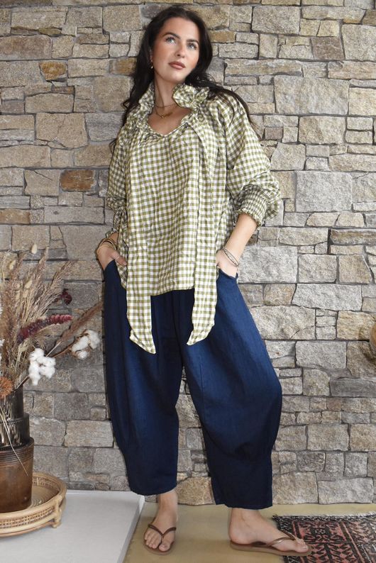Nonni Gingham Poet Blouse Olive